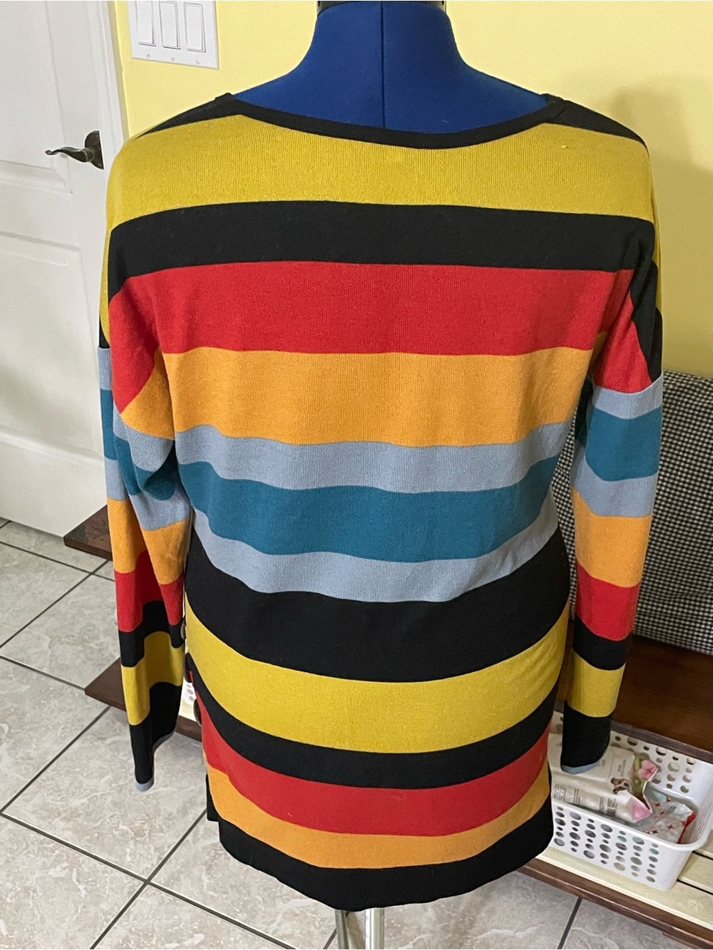 Striped Multicolor Crewneck Sweater w/Faux Button Detail - Picture 4 of 13